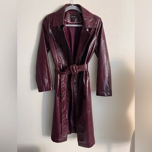 Topshop wine red pleather shiny belted long trench coat jacket